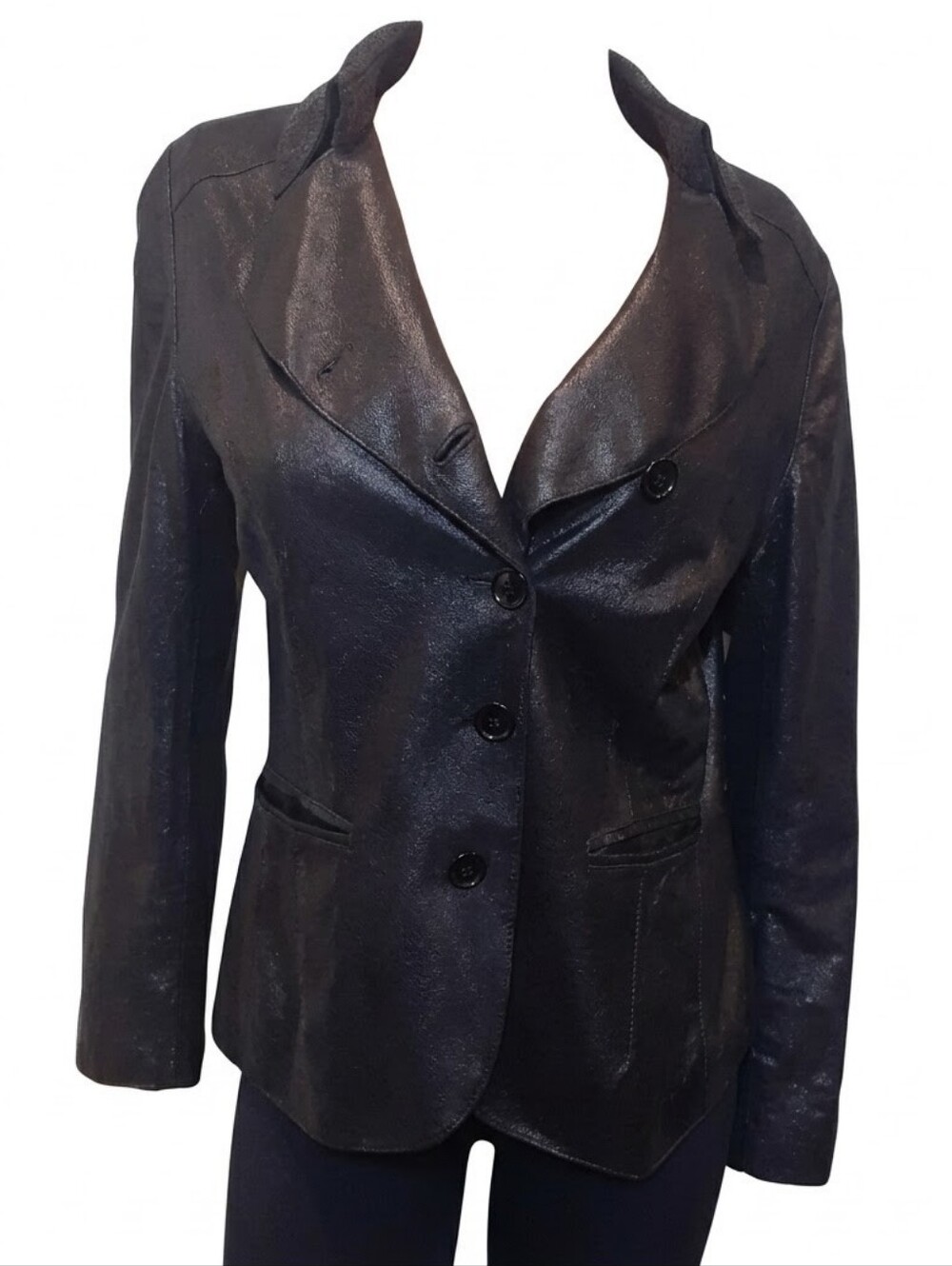 Anne Klein Coated Geniune Leather Jacket Moto Style Single Breasted Black Medium